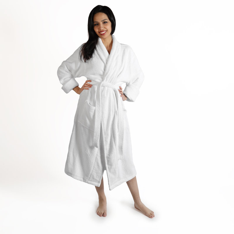 Peignoir mi-mollet 100% coton éponge avec poches, G / TG, Blanc féminin