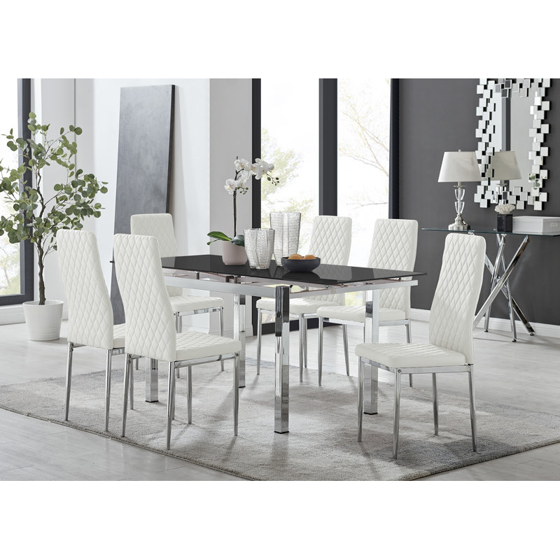 Tierra Modern Glass & Metal Extendable Dining Table Set & 6 Luxury Faux Leather Dining Chairs, White/Silver