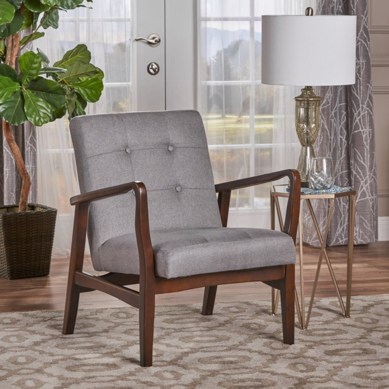 Babic 28.25" Wide Tufted Armchair, Gray Fabric, Espresso Wood