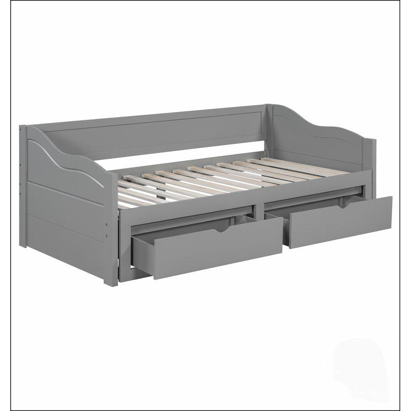 Lit de jour extensible en bois avec lit gigogne et rangement, idéal pour les chambres d'amis multifonctionnelles et l'optimisation de l'espace.