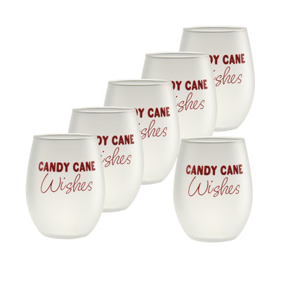 Culver Holiday Candy Cane Wishes 15-Ounce Stemless Wine Glass, Set of 6