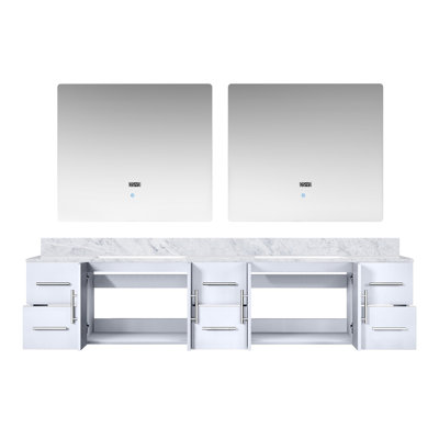 Meuble-lavabo double blanc brillant l 84 po x P 22 po, comptoir en marbre de Carrare et miroirs à DEL 36 po