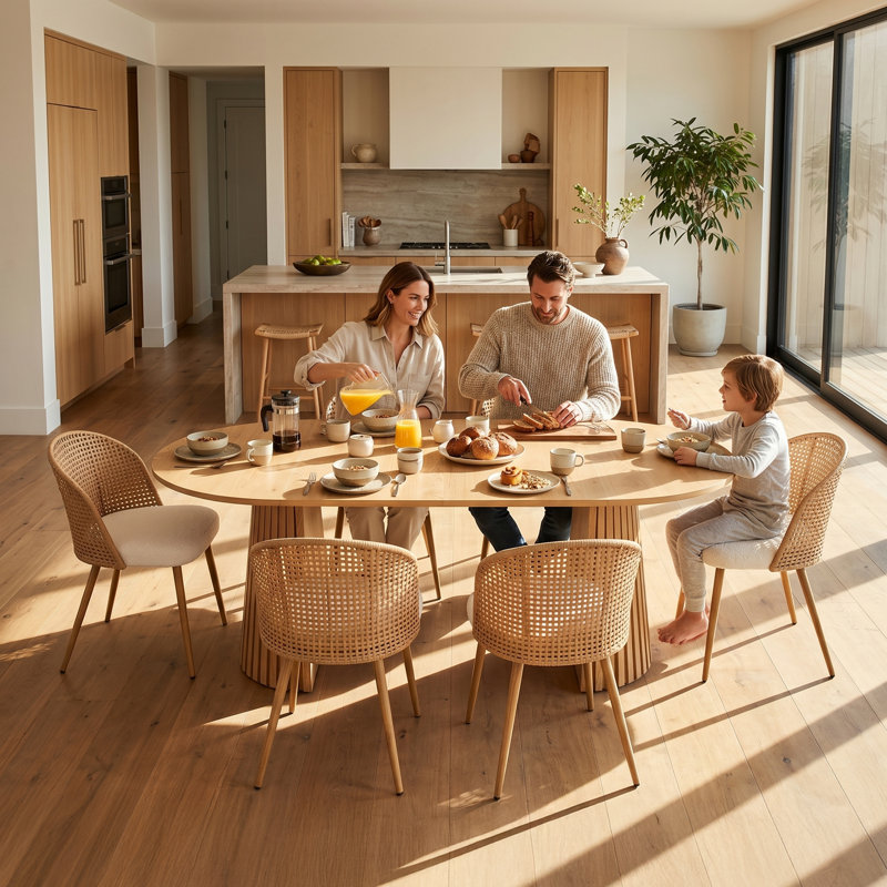 Ensemble de table de salle à manger extensible 7 pièces pour 6 personnes, table de cuisine en bois avec 6 chaises en rotin