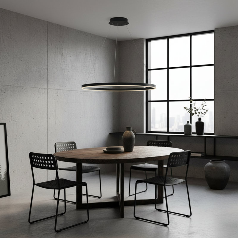 Stockham 1-Light Chandelier Round Circle LED Kitchen Island Pendant Remote Dimming, Matte Black, 3.5" H x 32" W x 32" D