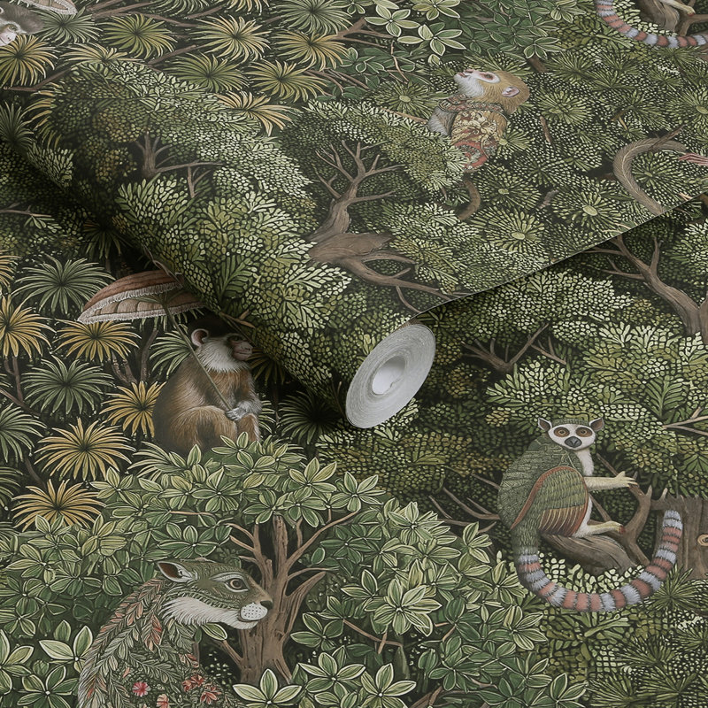 Graham & Brown Treetop Troop Damson Wallpaper, Green