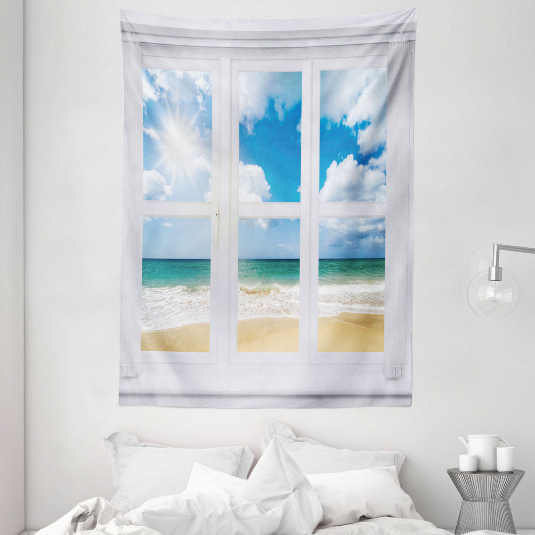 Tapisserie Beach House Fenster mit Blick auf den Ozean Sonnenschein und sandige Wolkenlandschaft