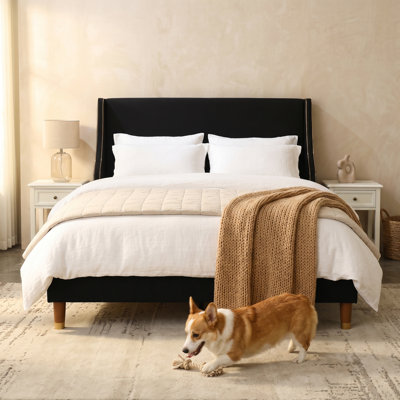 Melaya Elegant Wingback Upholstered Platform Bed Frame – Luxurious Design with Gold Piping, Sturdy Support, and Easy Assembly