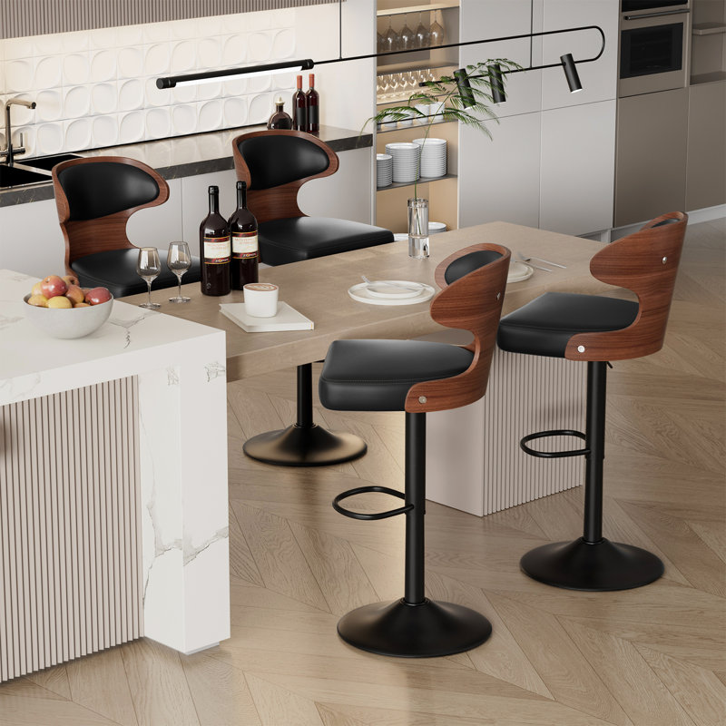 Bar Stools Set of 2 Seat Adjustable Height 62.2-85.1cm Bentwood Swivel Barstools with Back & Footrest - PU Leather Upholstered Bar Chair for Bar, Kitchen, Dining Room
