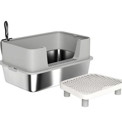 Stainless Steel Cat Litter Box, High Sides To Keep In , And Sand Drop Area, Gray, 23.7" L X 15.8" W 11.6" H, Big Room High Lid, For Cats Up 15 Lbs, Odor-