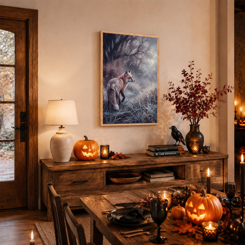 Toile murale d'Halloween représentant un renard roux marchant dans les hautes herbes, 24"H x 18"W