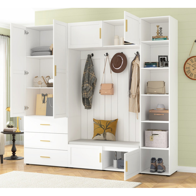 (White) American Style 4-in-1 Hall Tree with Padded Bench 4 Hooks and Adjustable Storage Shelves, White
