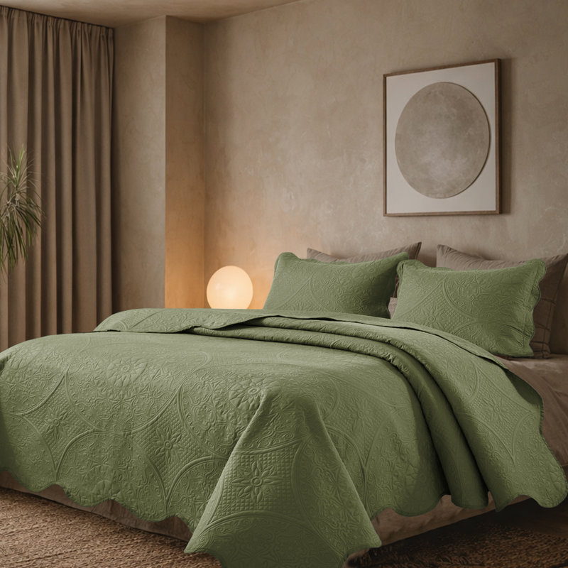 Floral Embossed Microfiber Quilted Bedspread Set, Twin Coverlet/Bedspread + 1 Standard Pillowcase, Olive Green
