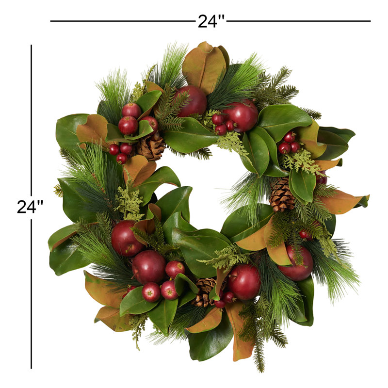 Real Touch Magnolia, Pine, Faux Red Apple & Pinecone Fall Christmas Front Door Wreath - 24"