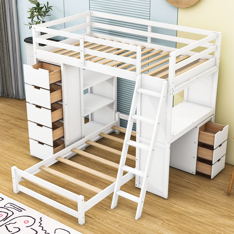 Lit superposé en bois simple au-dessus de simple avec lumière DEL et tiroirs Janarius, Blanc
