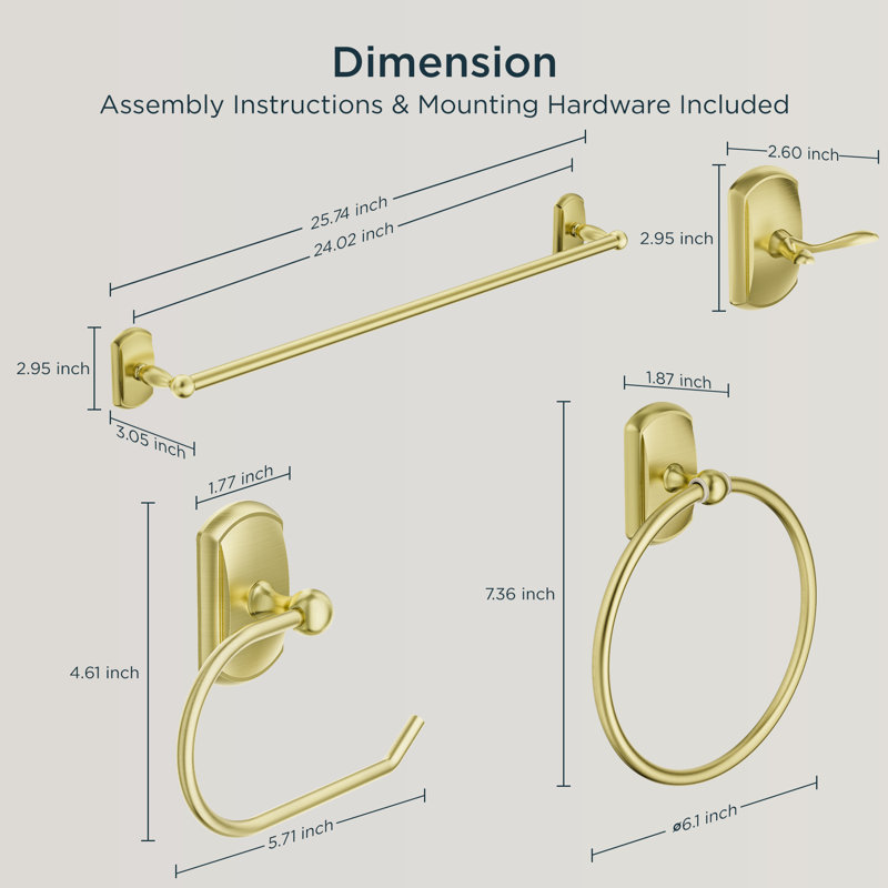 4 - Piece Bathroom Hardware Set, Light Gold