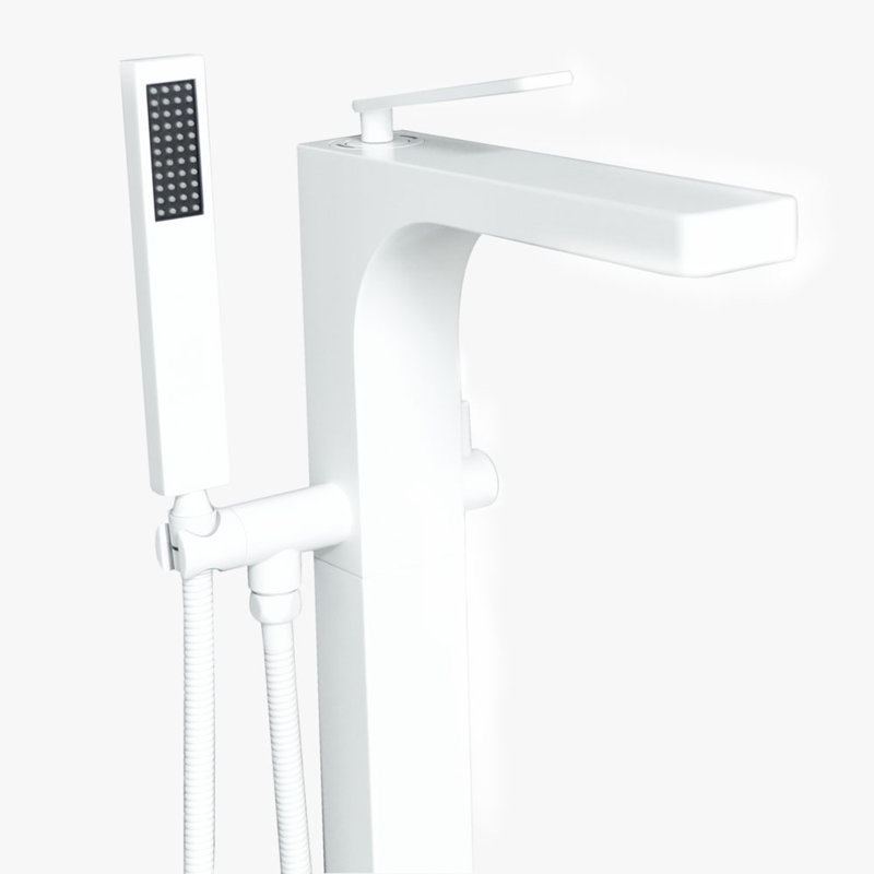 39" Floor Mount Freestanding Ultra High Flow Tub Filler with Sleek Handheld Shower, Matte White