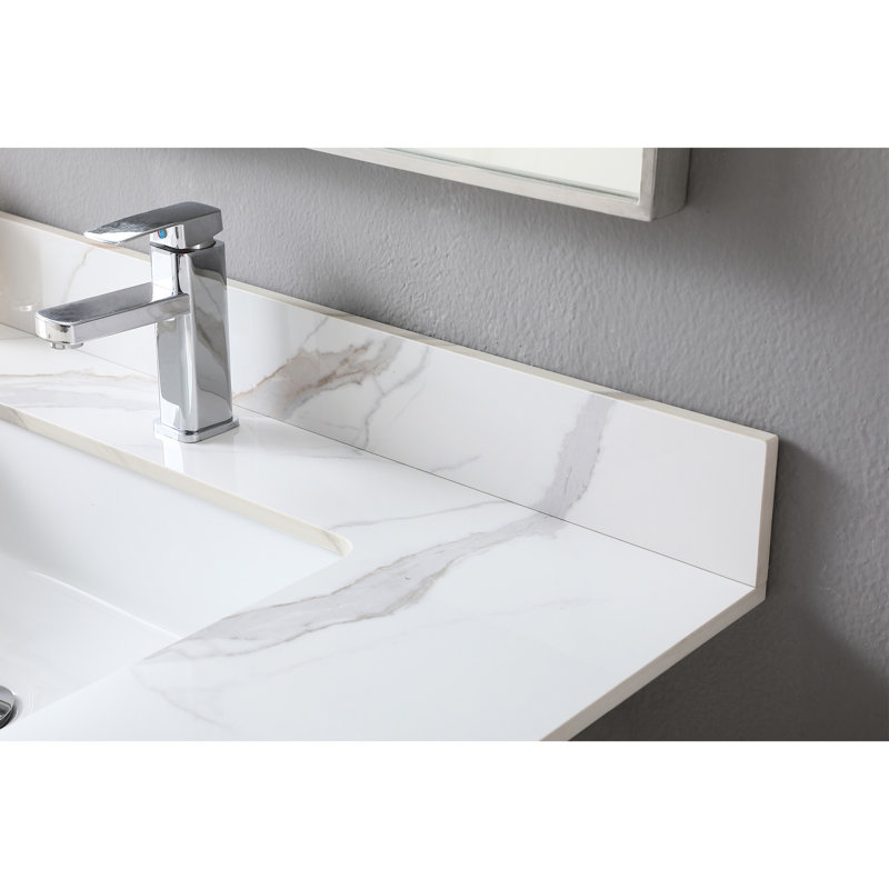 Plateau de meuble-lavabo de 37 po en pierre frittée dorée, avec lavabo rectangulaire en céramique et trou de robinet - flair en pierre facile à installer