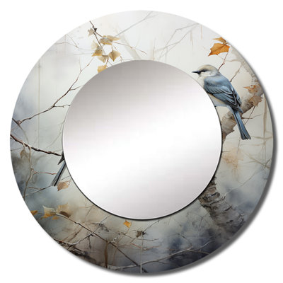 Bird Silent Watcher II - Bird Decorative Mirror, Gray Round Wall Mirror, Printed Metal Art