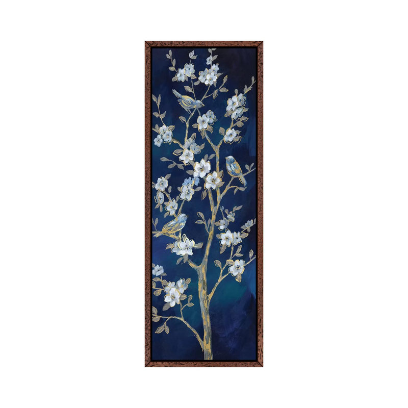 Indigo Spring II by Nan - Panoramic Painting on Canvas, 30.48 cm H x 91.44 cm W, Classic Brown Wood Framed Canvas