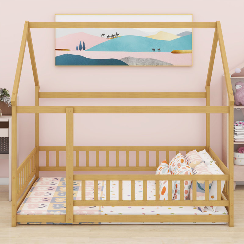 House-Shaped Wooden Floor Bed with Roof & Safety Guardrails, Natural