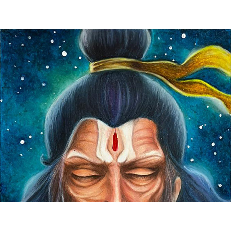 Méditer Hanuman | Couleur pastel à l'huile | Peinture de Sanju Basu
