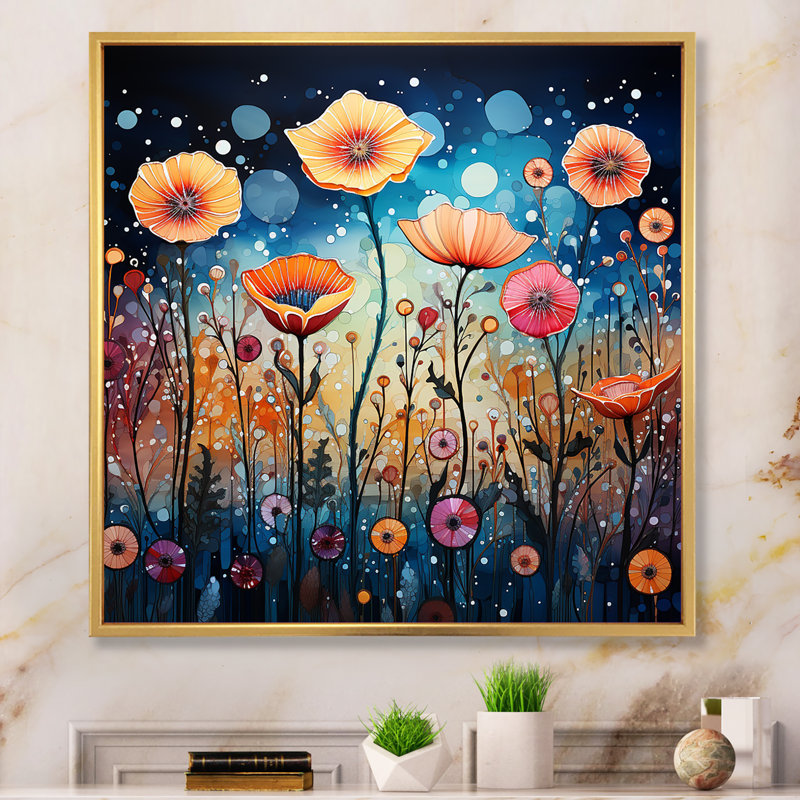 Fleurs sauvages fantaisistes pointillisme II sur toile, Cadre flottant doré, H 36 po x l 36 po x P 1,5 po