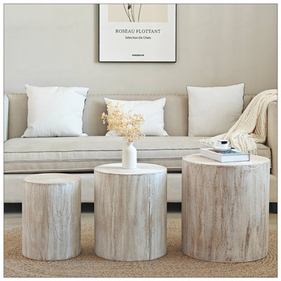 Ensemble de 3 tables basses rondes en bois, tables de bout, supports à plantes, pièces décoratives avec finition en bois délavé pour des intérieurs rustiques et raffinés