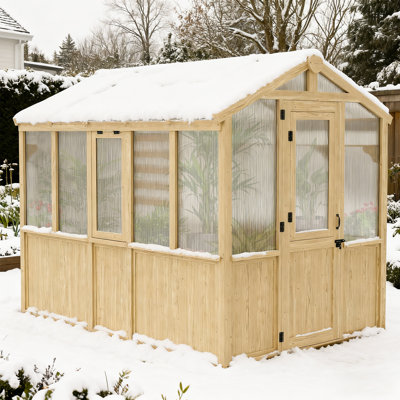 6.7x9.6 ft. Wooden Greenhouse with Cedar Frame, Outdoor Wood Polycarbonate Walk-in Greenhouses with Roof Vent