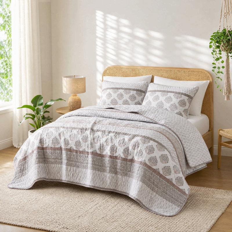 Ensemble de courtepointe matelassée 3 pièces en coton toutes saisons, couleur argile, pour grand lit/très grand lit, Multi