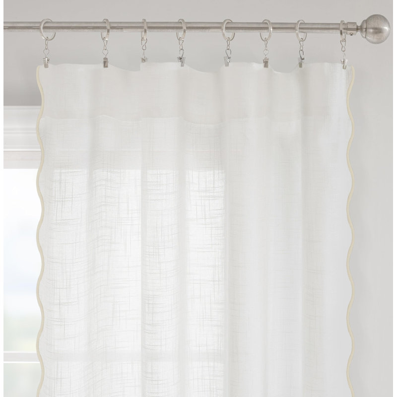 Semi Sheer Scalloped Edge Linen Coastal Beach Window Curtains for Living Room Bedroom 2 Panels Rod Pocket, 52" W x 90" L