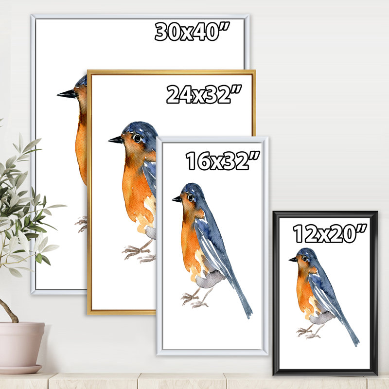 Oiseau orange rétro - peinture sur toile, Cadre noir, H 32 po x l 24 po x P 1 po
