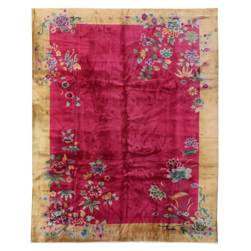 Tapis unique rose / fuchsia / jaune 8 pi 10 po x 11 pi 2 po Art Deco