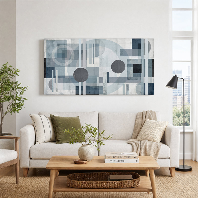 Tableau sur toile aux formes géométriques abstraites bleues et grises, 46“W x 24”H