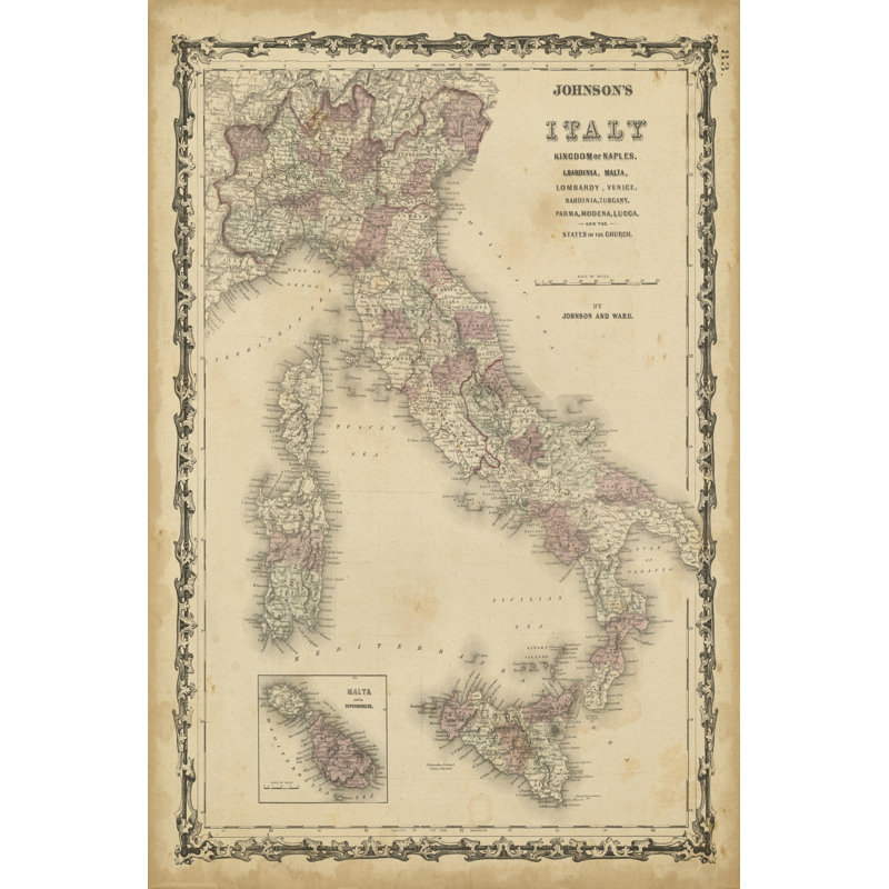 Johnsons Map of Italy 1 Piece Wrapped Canvas Wall Art, 122cm H x 81cm W x 3.8cm D