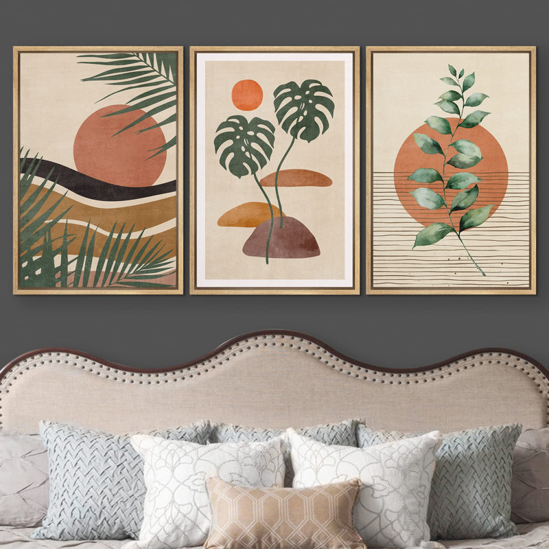 " Boho Mid-Century Tropical Plant Collage Abstract Shapes Modern Art Decor Minimal Relax/Zen " 3 - Pieces, Naturel