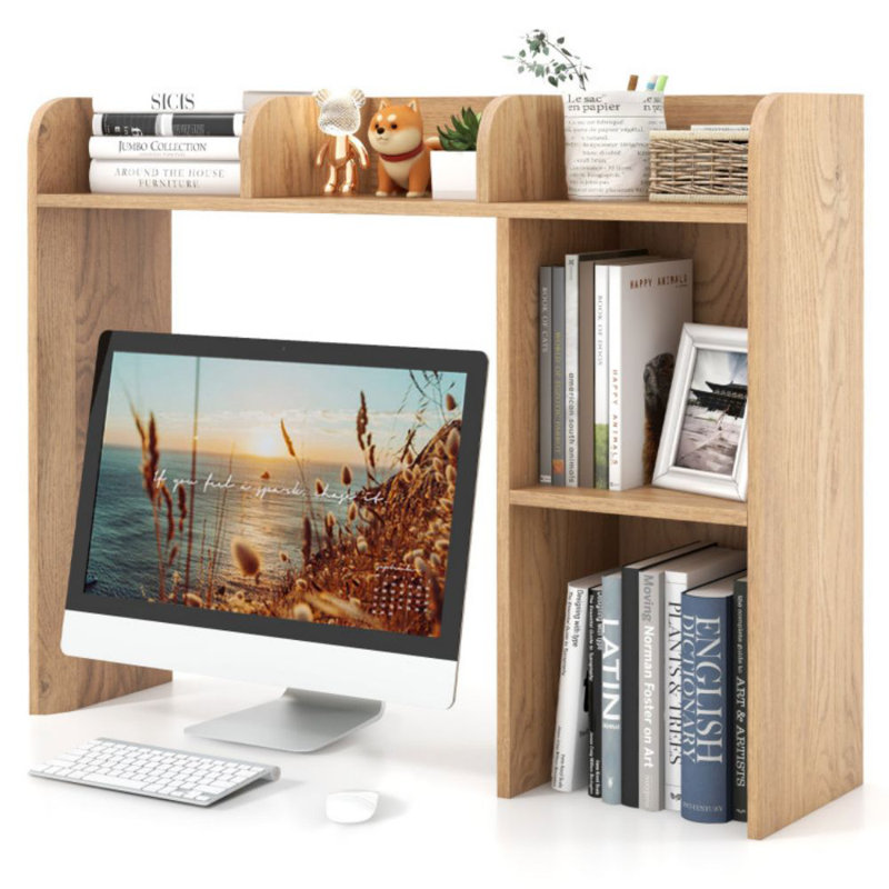 Millwood Pines Desk Bookshelf Desktop Storage Organizer Display Shelf Rack Dorm Office Brown, Natural