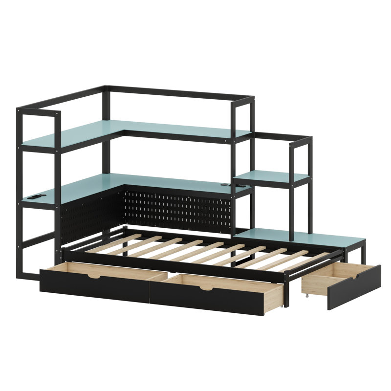 Lit de jour de jeu avec bureau intégré, éclairage à DEL, station de charge et rangement multifonctionnel pour tête de lit