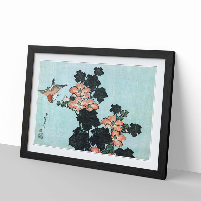 Hibiscus and Sparrow by Katsushika Hokusai - Picture Frame Painting Print, Black Framed, 36cm H x 48cm W x 2cm D