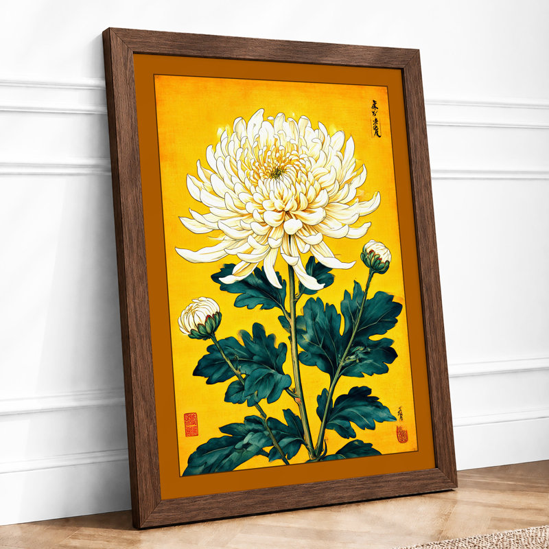White Chrysanthemum Study Japandi 1 Piece Single Picture Frame Wall Art, A4 - 29.7 x 21.0 cm, Walnut
