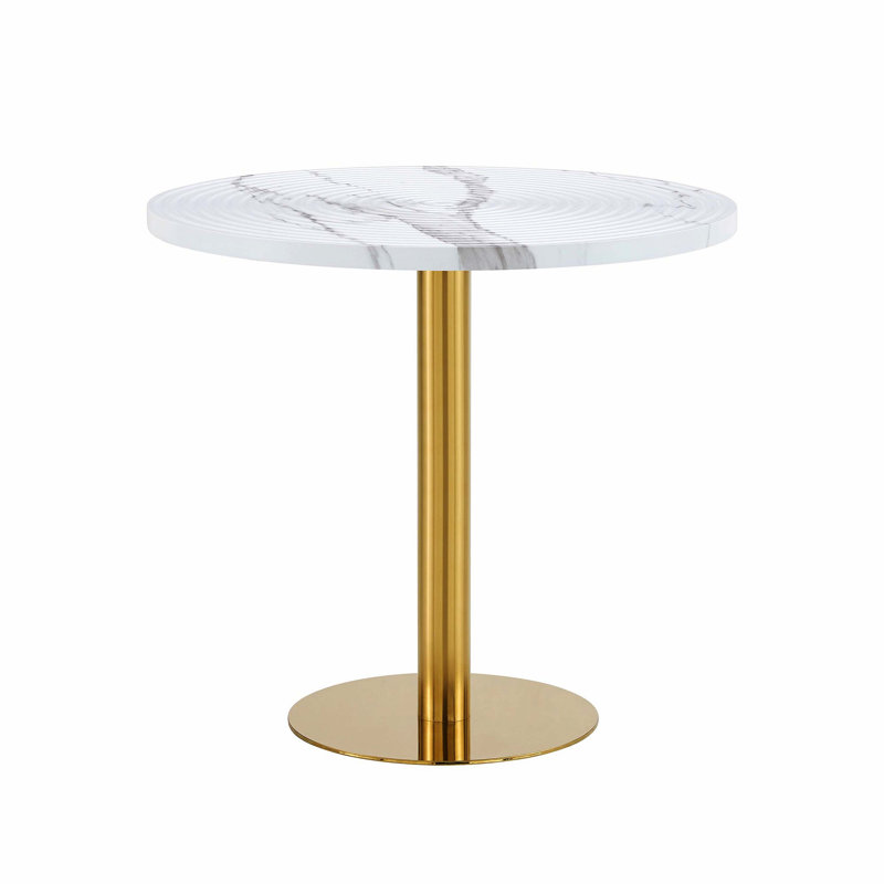 31.5 Inch White Marble Pattern Round Dining Table, Suction Molding Surface, Waterproof Design With Gold Metal Support Legs