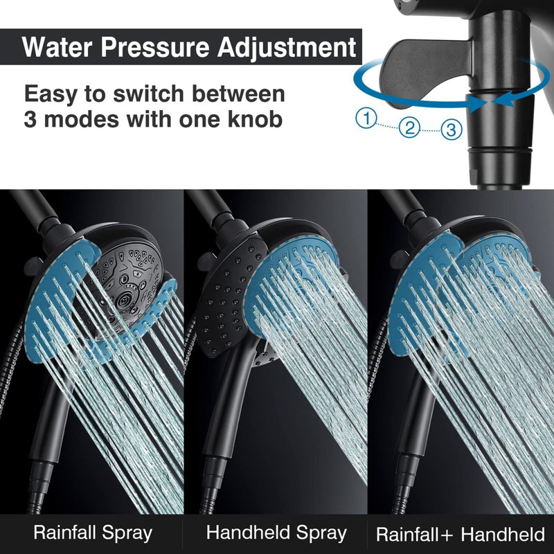 2-in-1 High-Pressure Shower System: 7.2" Rainfall Head & Handheld with Hose, 2.5 GPM, Black