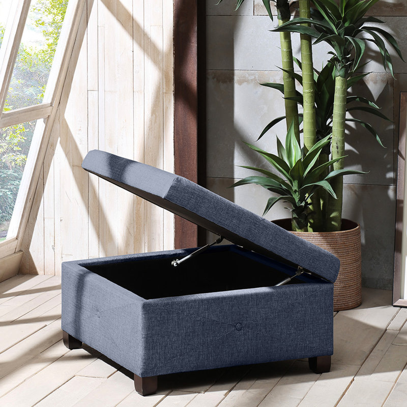 Ample Space Blue Storage - Solid Wood Legs, Dark Brown Finish Soft Close Function Fabric, Blue