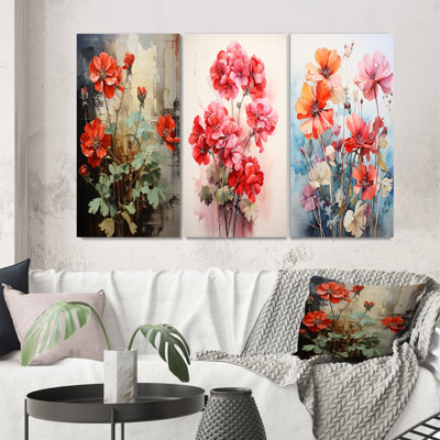 " Red Geraniums Scarlet Bloom Patchwork " 3 - Pieces