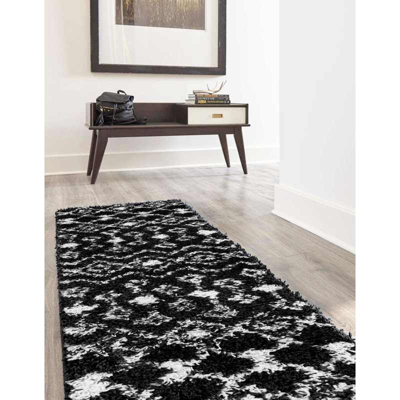 Tapis noir / blanc à motif géométrique Griego, Tapis de couloir 2 pi x 8 pi
