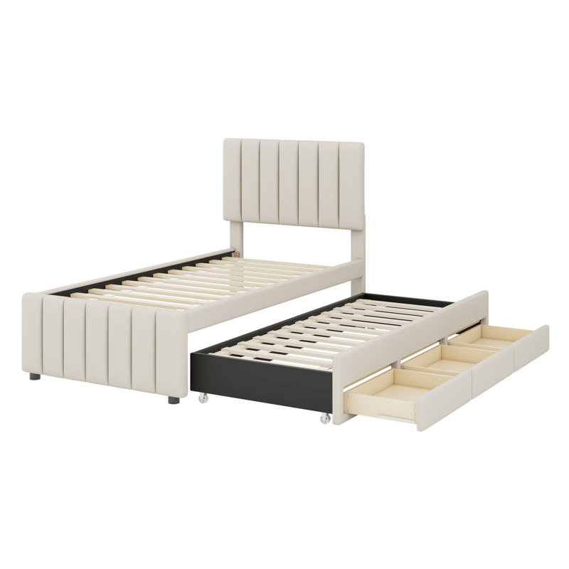 Lit plateforme tapissier avec lit gigogne et tiroirs, Beige