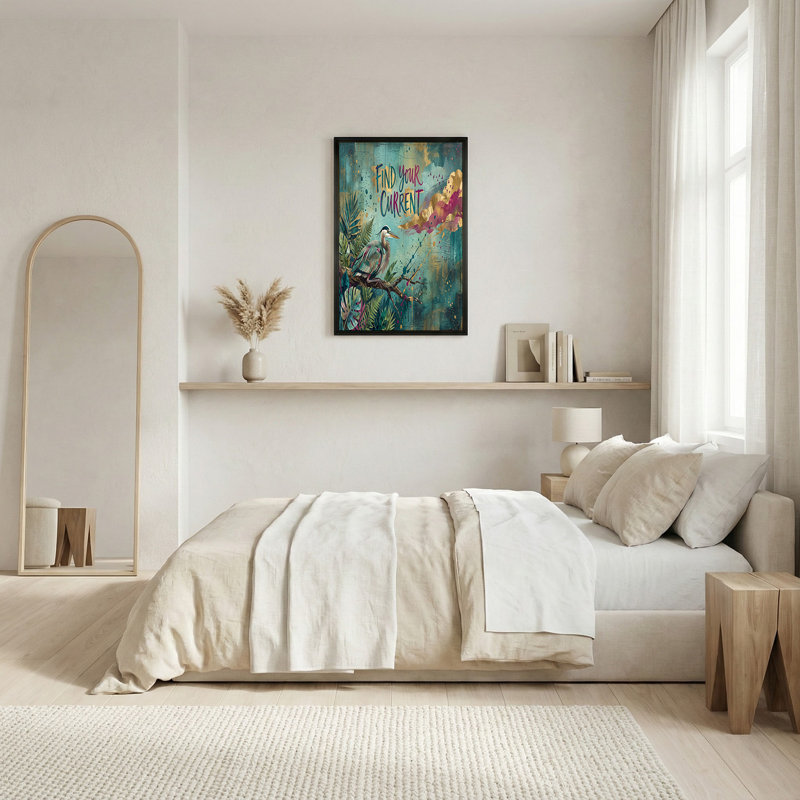 Héron bleu sur branche avec feuilles tropicales et feuille d'or, art mural, H 36 po x l 48 po