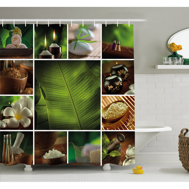 Green Botanical Spa-Themed Polyester Shower Curtain with Hooks