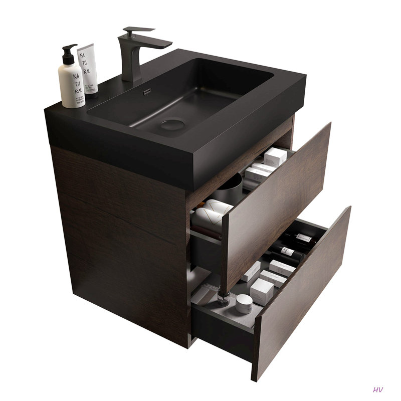 Meuble-lavabo mural 24 po avec lavabo, grand meuble-lavabo flottant mural pour salle de bain moderne, lavabo une pièce sans drain ni robinet, pré-assemblé