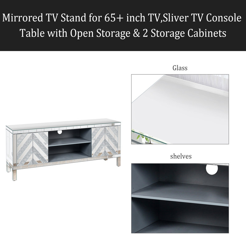 Meuble télé en miroir pour téléviseur de 65 pouces et plus, console de télévision avec rangement ouvert et 2 armoires de rangement, portes de miroir en forme de M pour le salon (l 59 po x H 25,2 po x P 15,7 po)