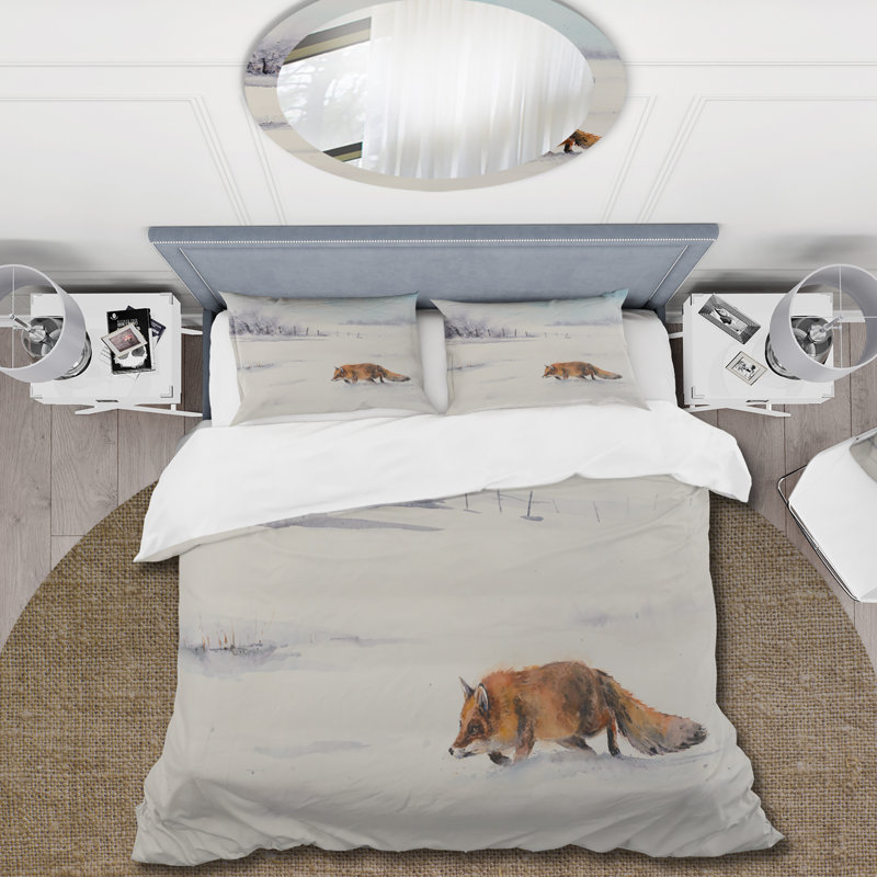 Renard roux qui court en neige blanche I - Ensemble de housse de couette Farmhouse - Microfibre de polyester